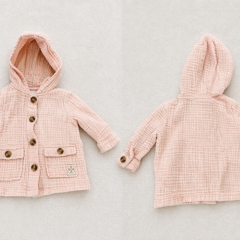 Daisy Fuentes Pink Gauze Hooded Jacket 3-6M | Lightweight Baby Coat